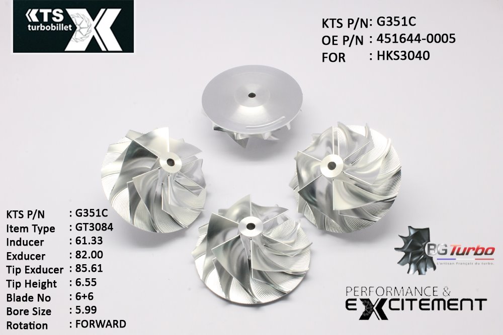 Turbo ROUE FORGÉE MFS PERFORMANCE - 6+6 PALES - INDUCER : 61,33 - EXDUCER : 82 - TYPE : GT3084ANGLE : 60° - ROTATION : Forward - SUPER BACK : 2,36 - BORE SIZE : 5,99
